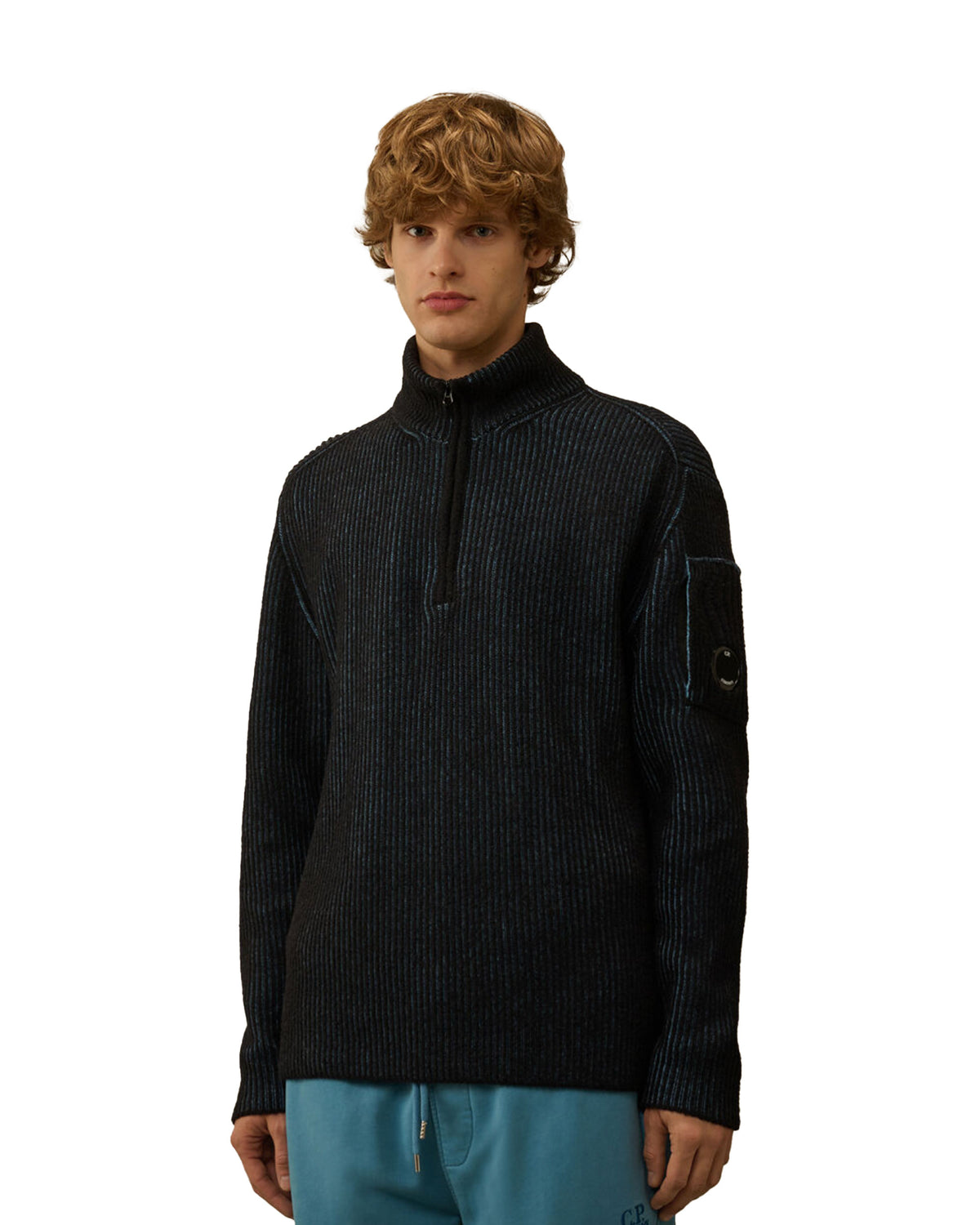 CP Company Knitwear Polo Collar in Fleece Knit Aegan Blue