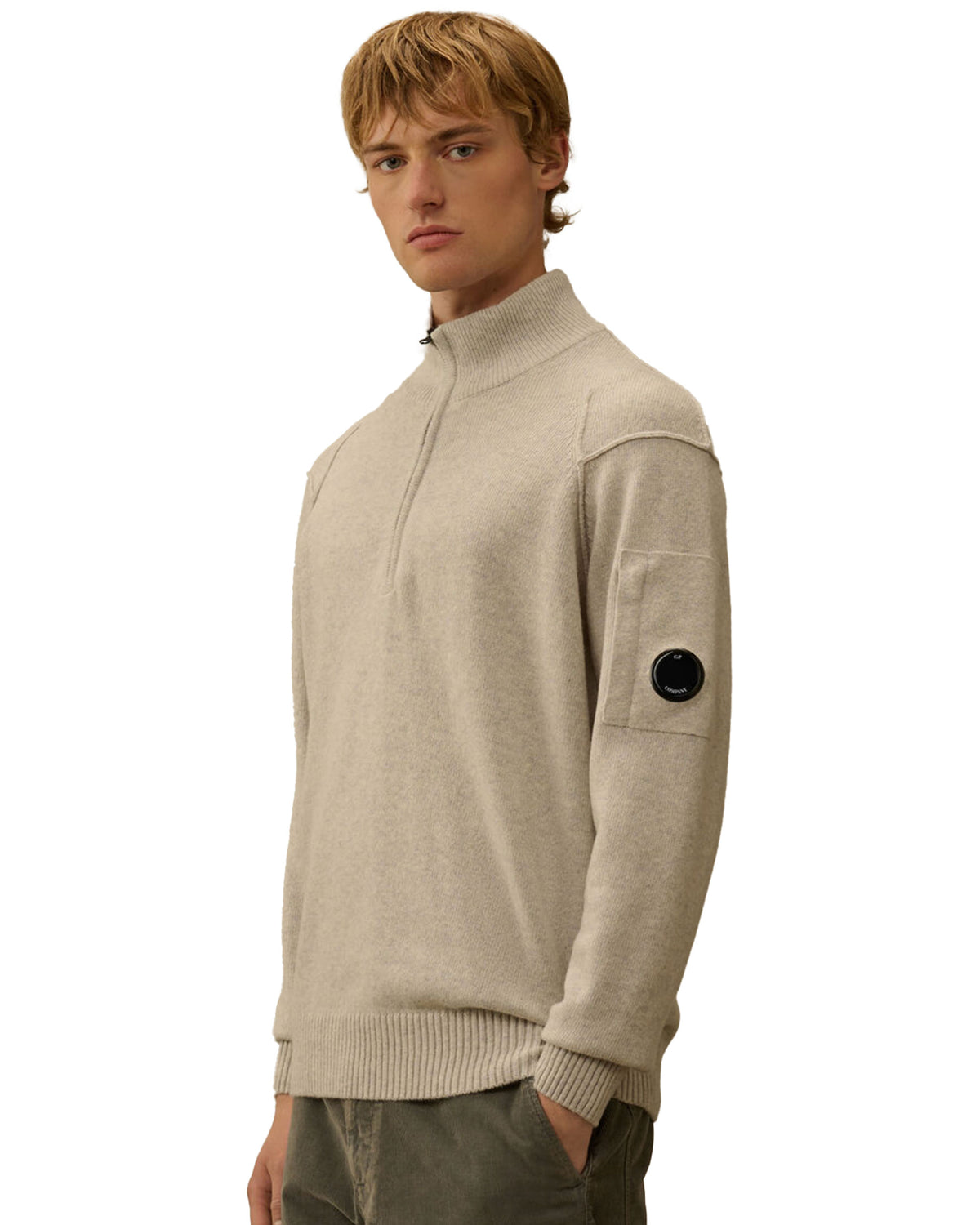 CP Company Knitwear Polo Collar in Lambswool Grp Off White Melange