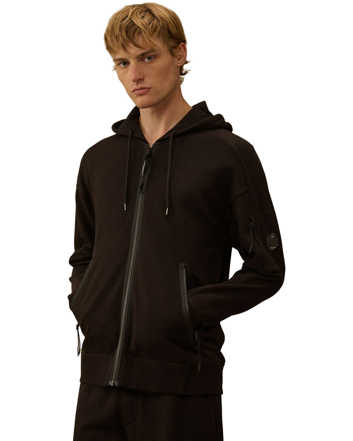 CP Company Sweatshirts Hooded Open In Diagonal Raised Fleece Black