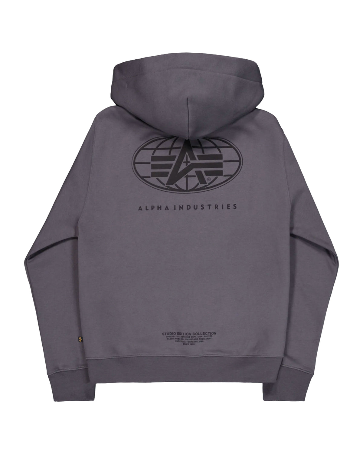 Felpa Uomo Alpha Industries World Logo Back Print Hoodie Vintage Grey