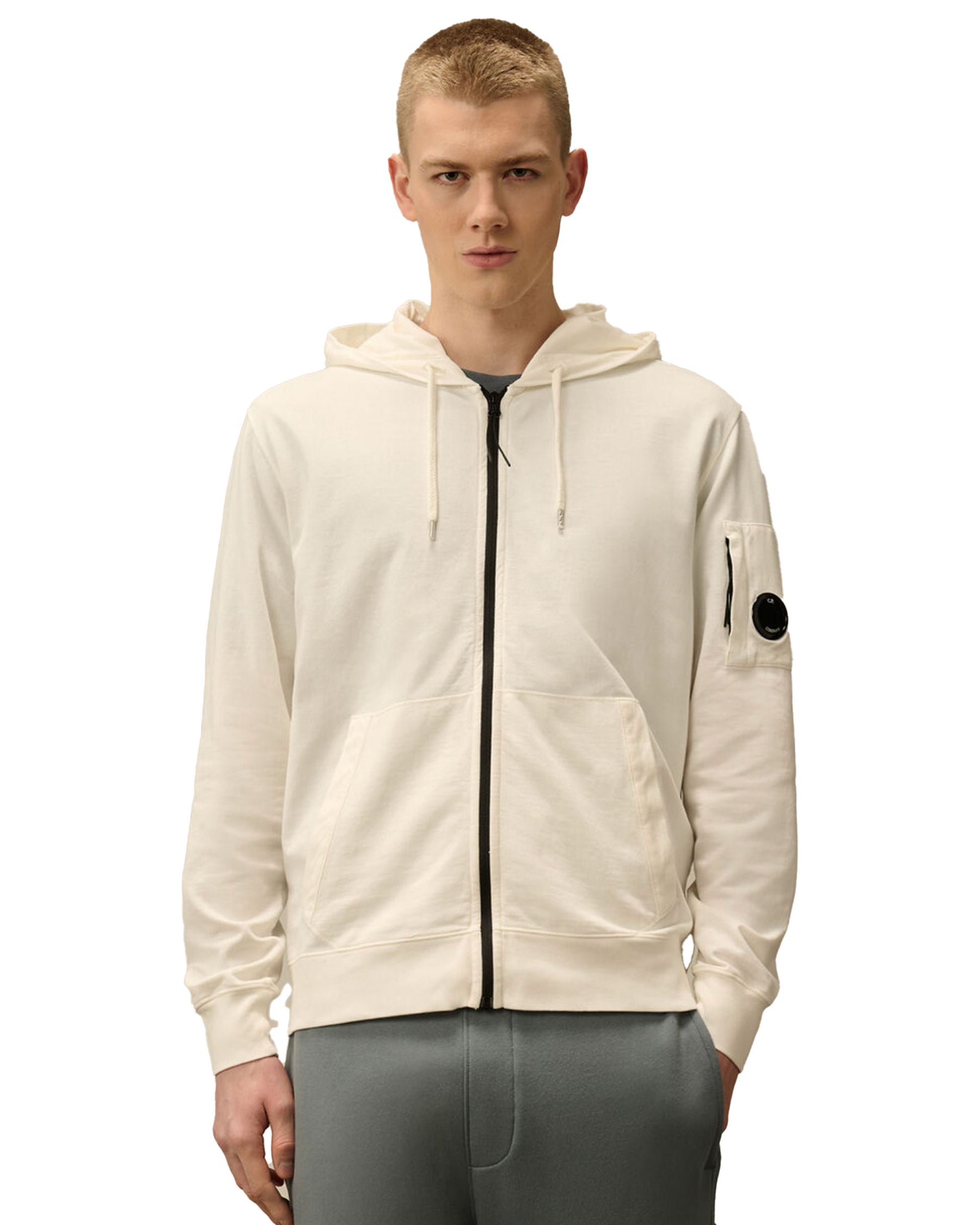 Felpa Uomo CP Company Light Fleece Full Zip Hooded Sweatshirt Gauze White
