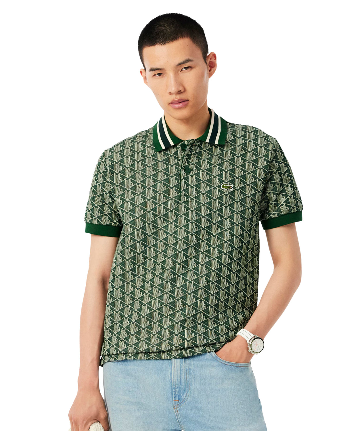 Man's Polo Shirt Lacoste Jacquard Monogram Green