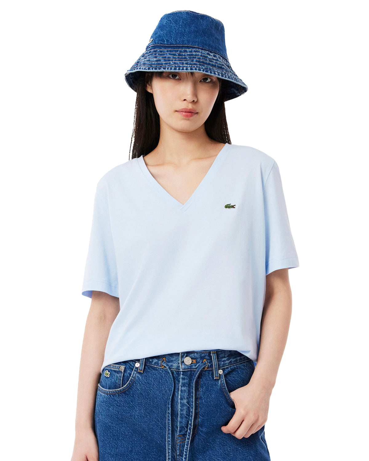 T-Shirt Donna Lacoste Scollo V Celeste