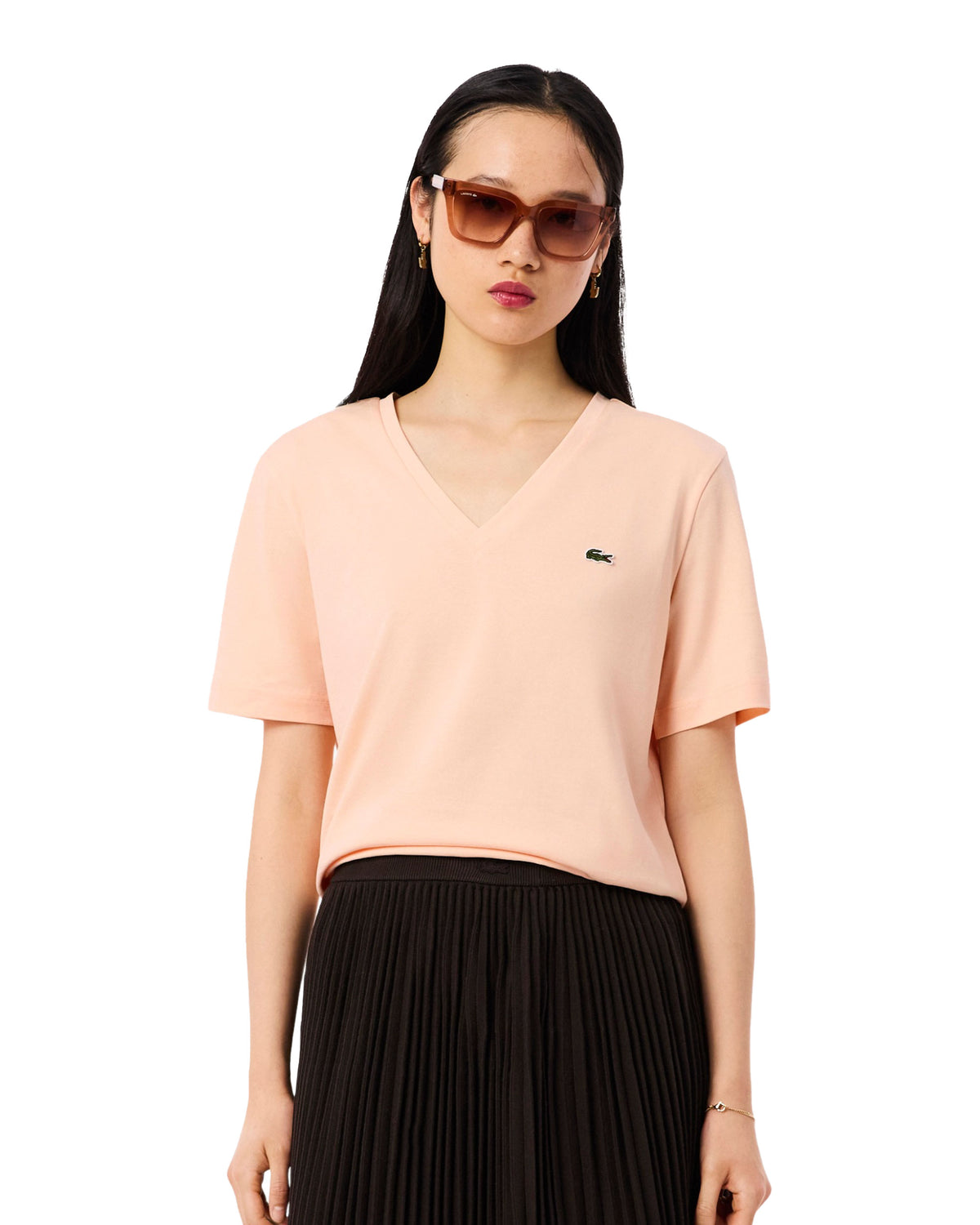 T-Shirt Donna Lacoste Scollo a V Arancione Chiaro