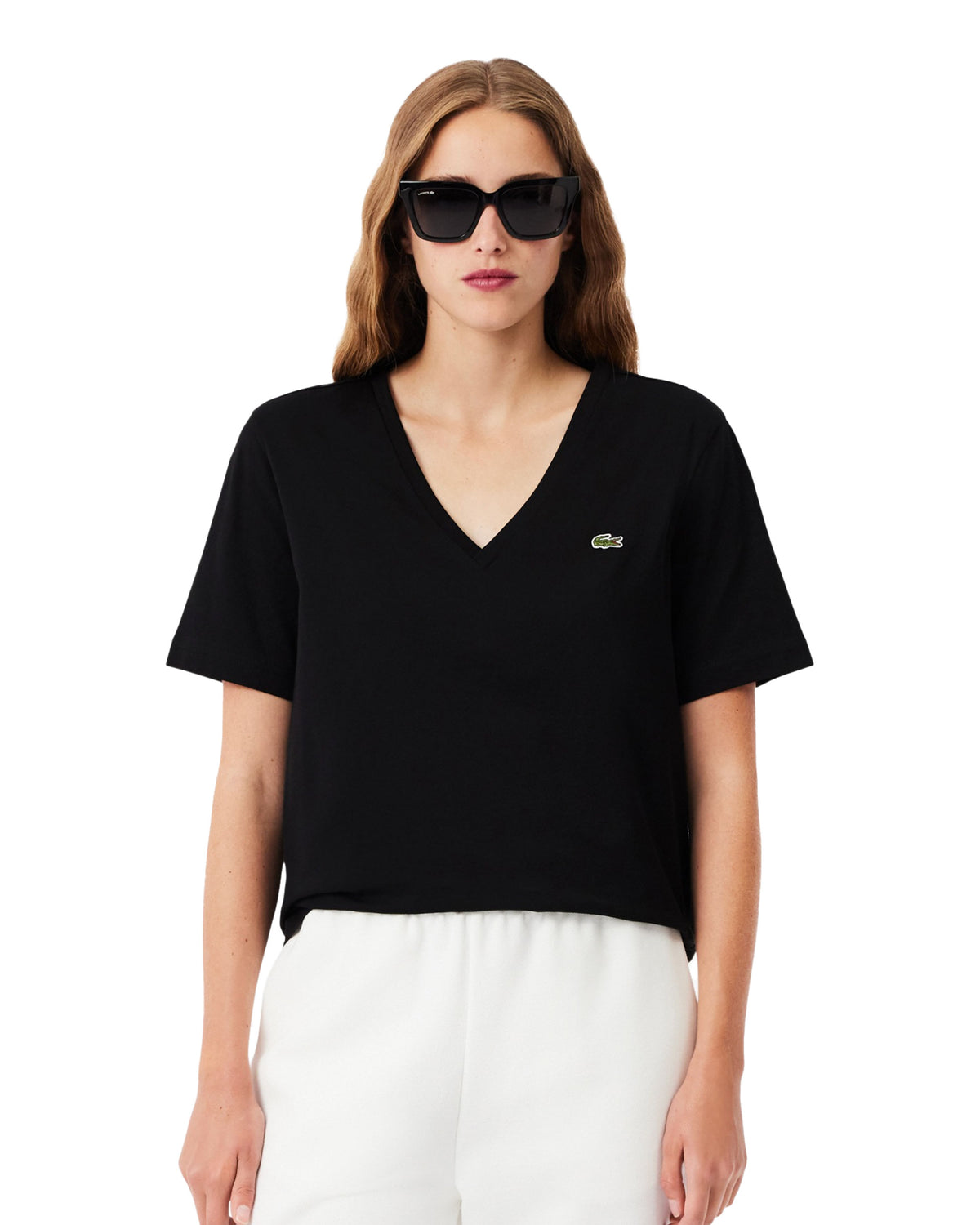 T-Shirt Donna Lacoste Scollo a V Nera
