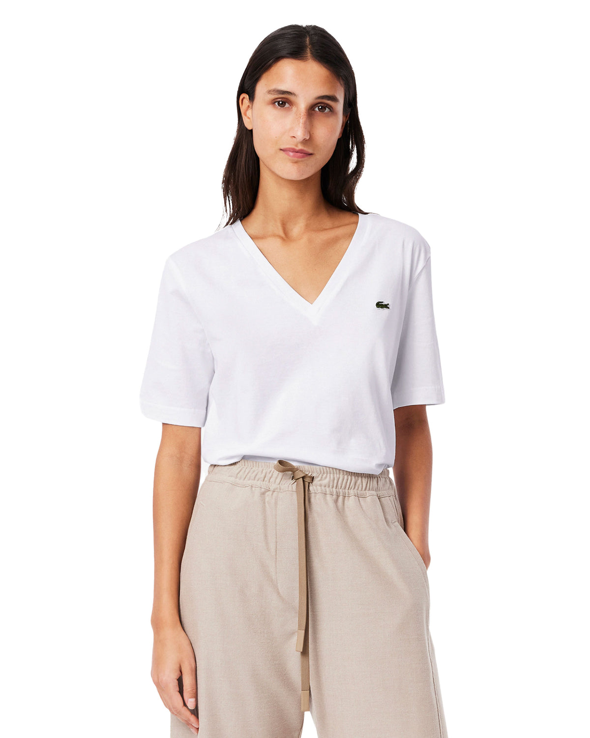 T-Shirt Donna Lacoste Scollo a V Bianca