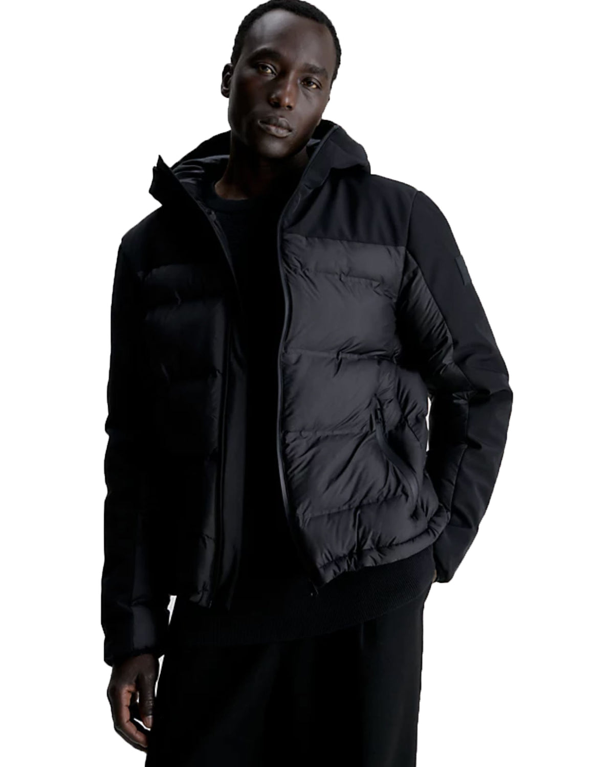 Calvin Klein Mix Media Quilt Jacket Hood Black