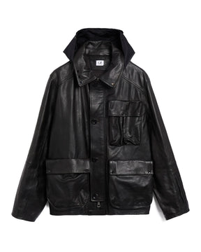 CP Company Leather Mixed Lined Mille Jacket Black