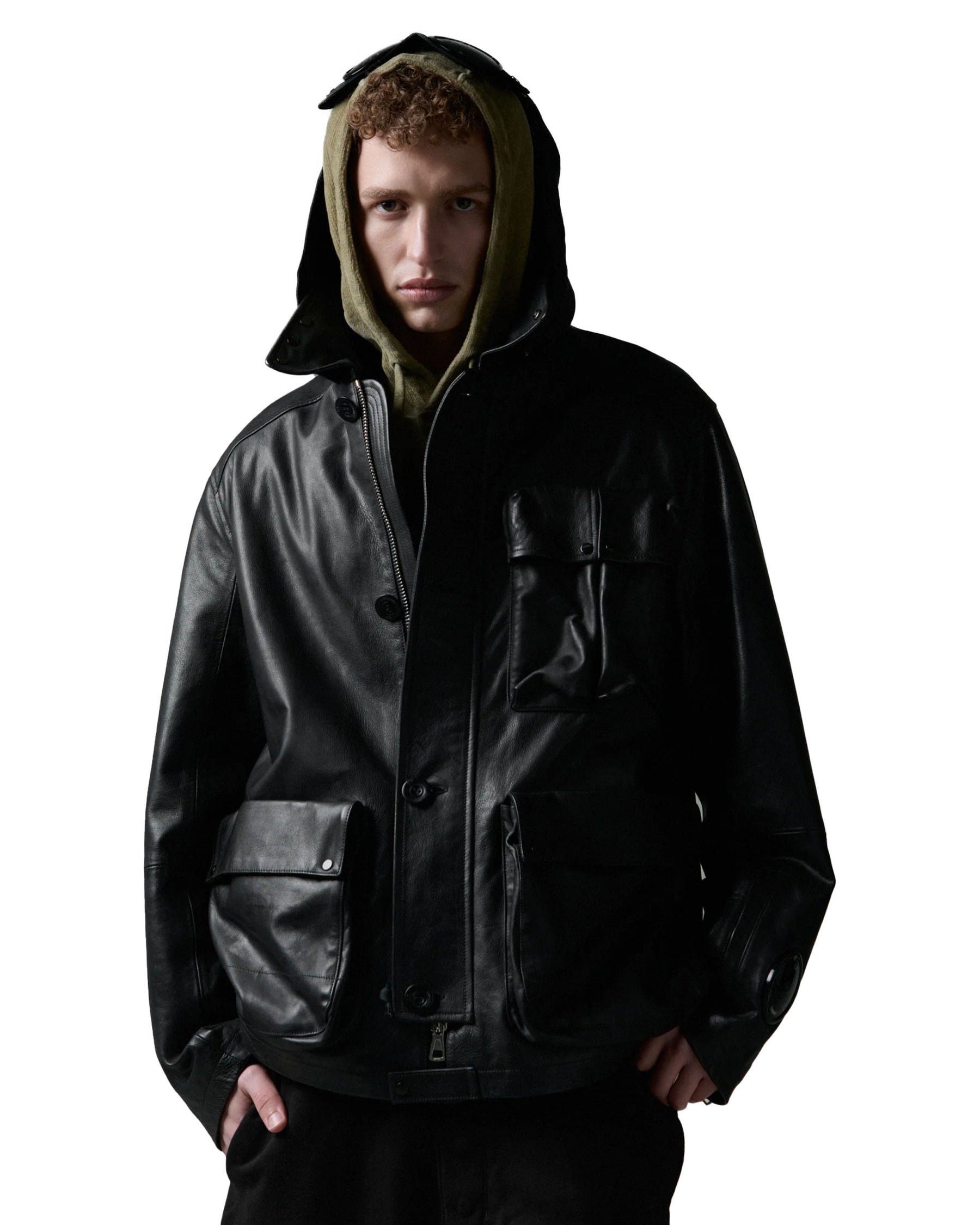 CP Company Leather Mixed Lined Mille Jacket Black