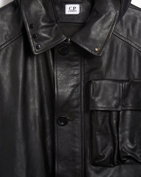 CP Company Leather Mixed Lined Mille Jacket Black