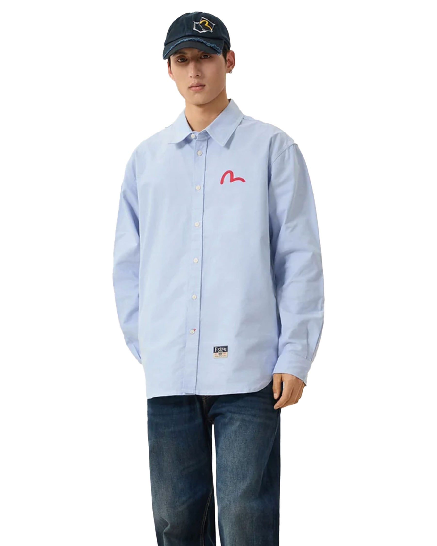 Camicia Uomo Evisu Seagull Print Oxford Shirt Celeste