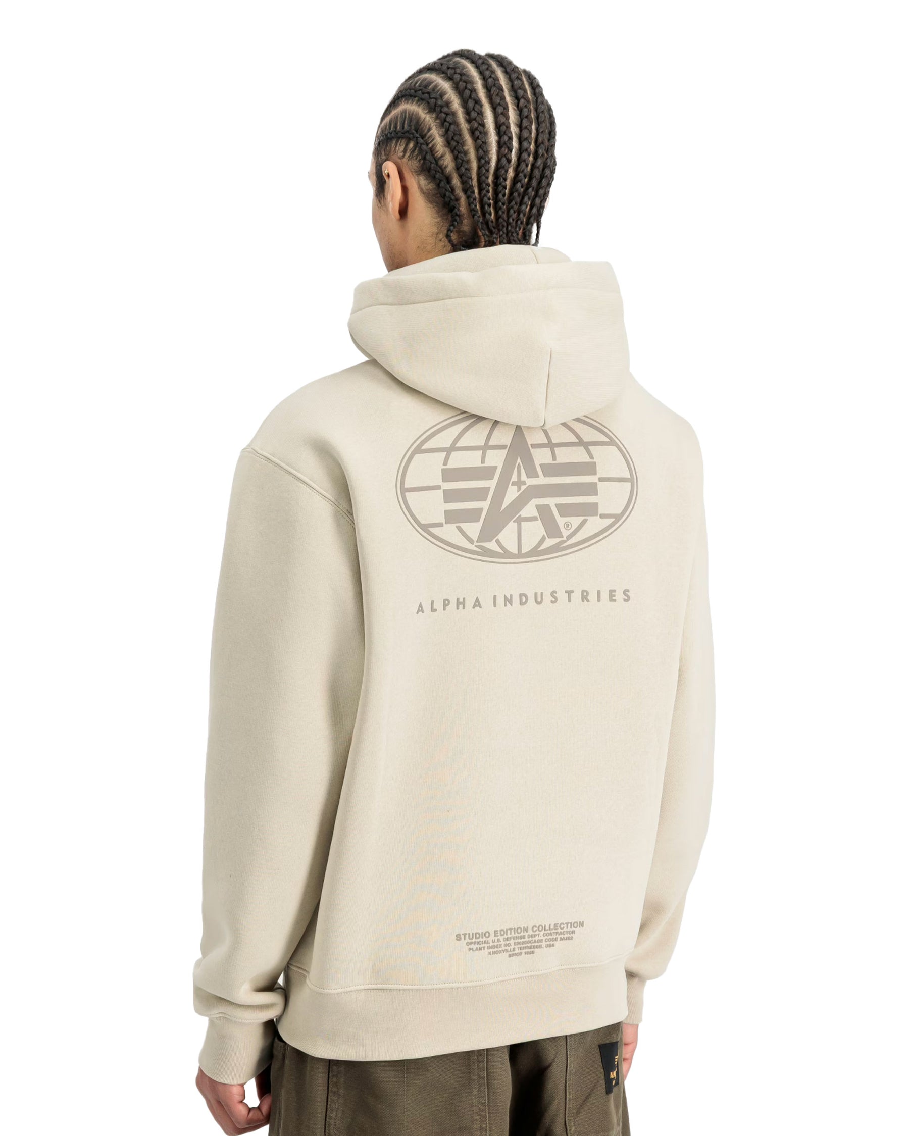 Felpa Uomo Alpha Industries World Logo Back Print Hoodie Organic Beige