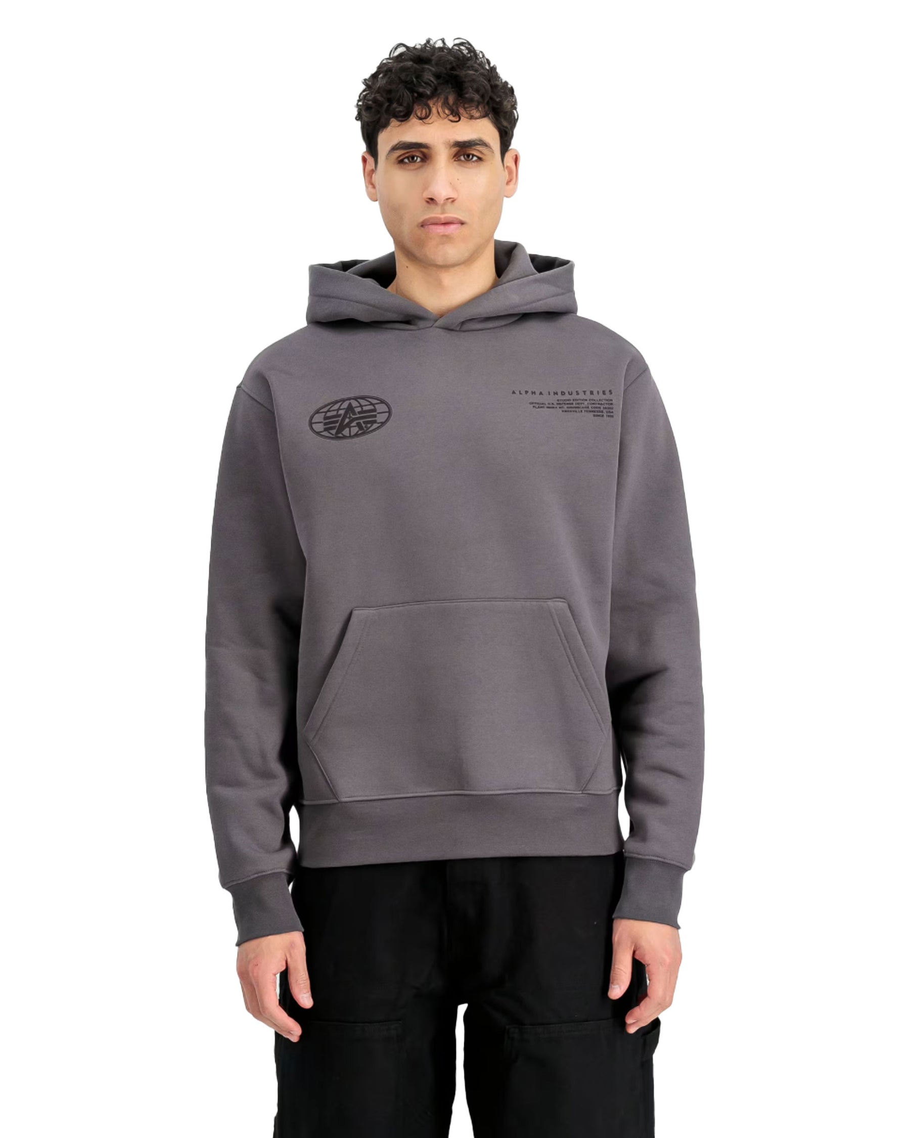 Felpa Uomo Alpha Industries World Logo Back Print Hoodie Vintage Grey
