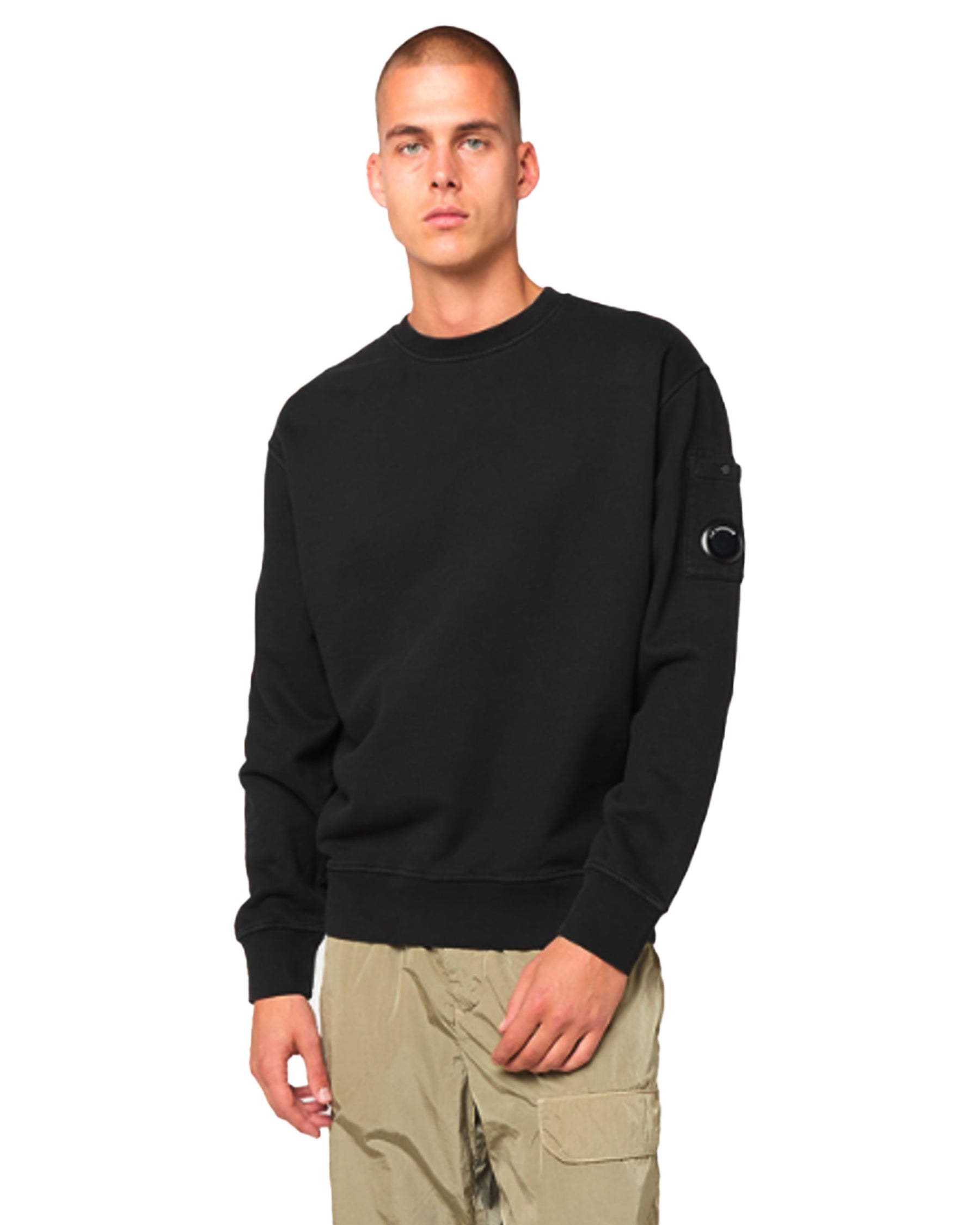 Felpa Uomo CP Company Brushed And Emerized Diagonal Fleece Crewneck Lens Sweatshirt Black