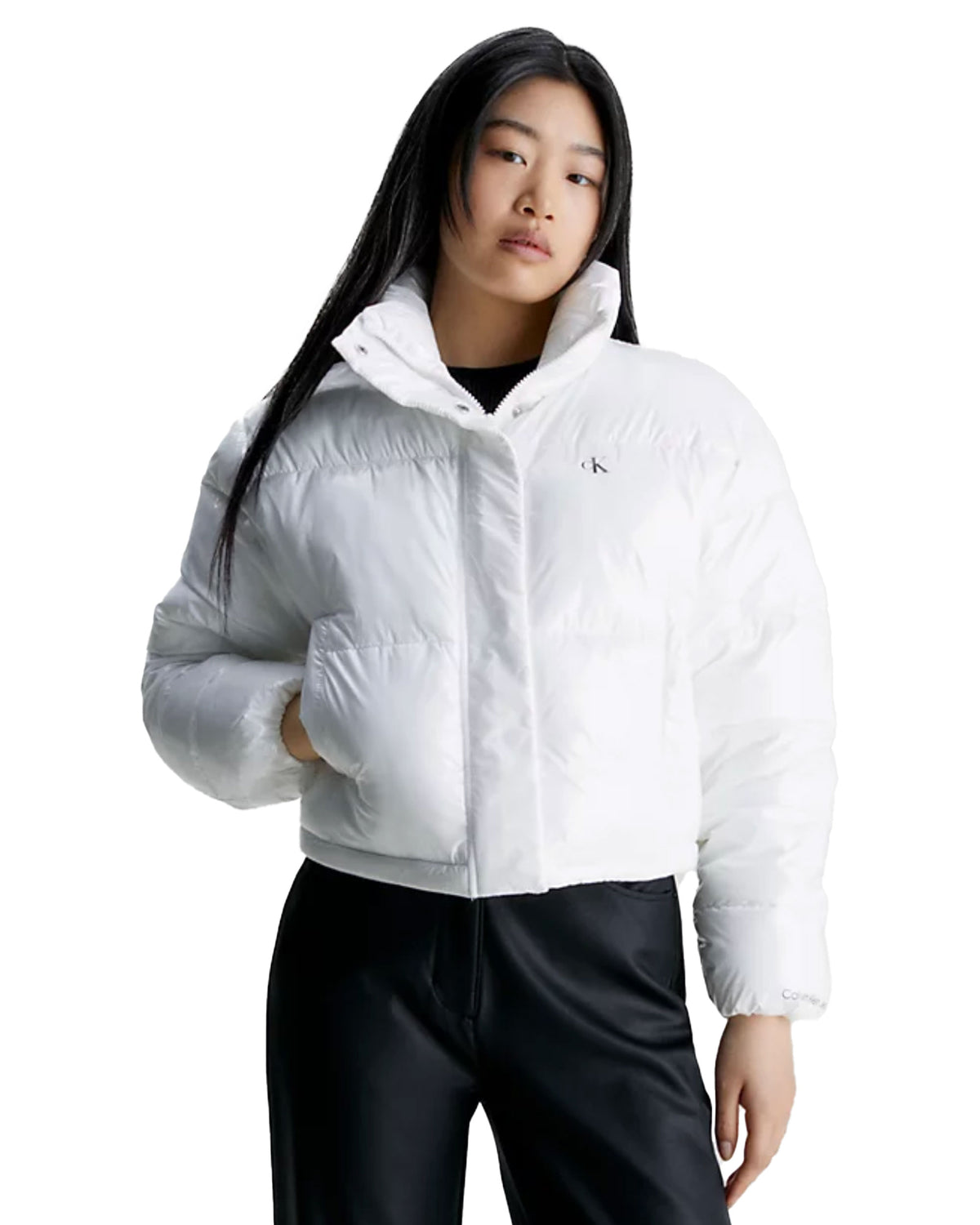Woman Jacket Calvin Klein Cropped Shiny Puffer White
