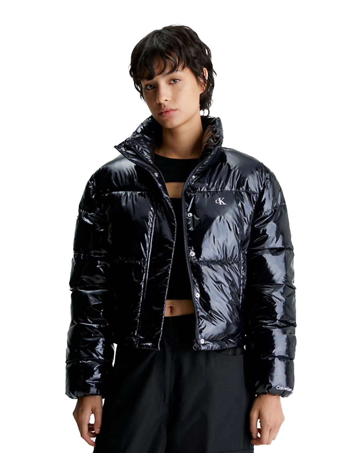 Woman Jacket Calvin Klein Cropped Shiny Puffer Black