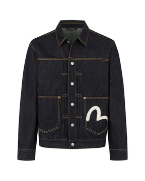 Evisu Men's Jacket Ecru Seagull Printed Raw Indigo