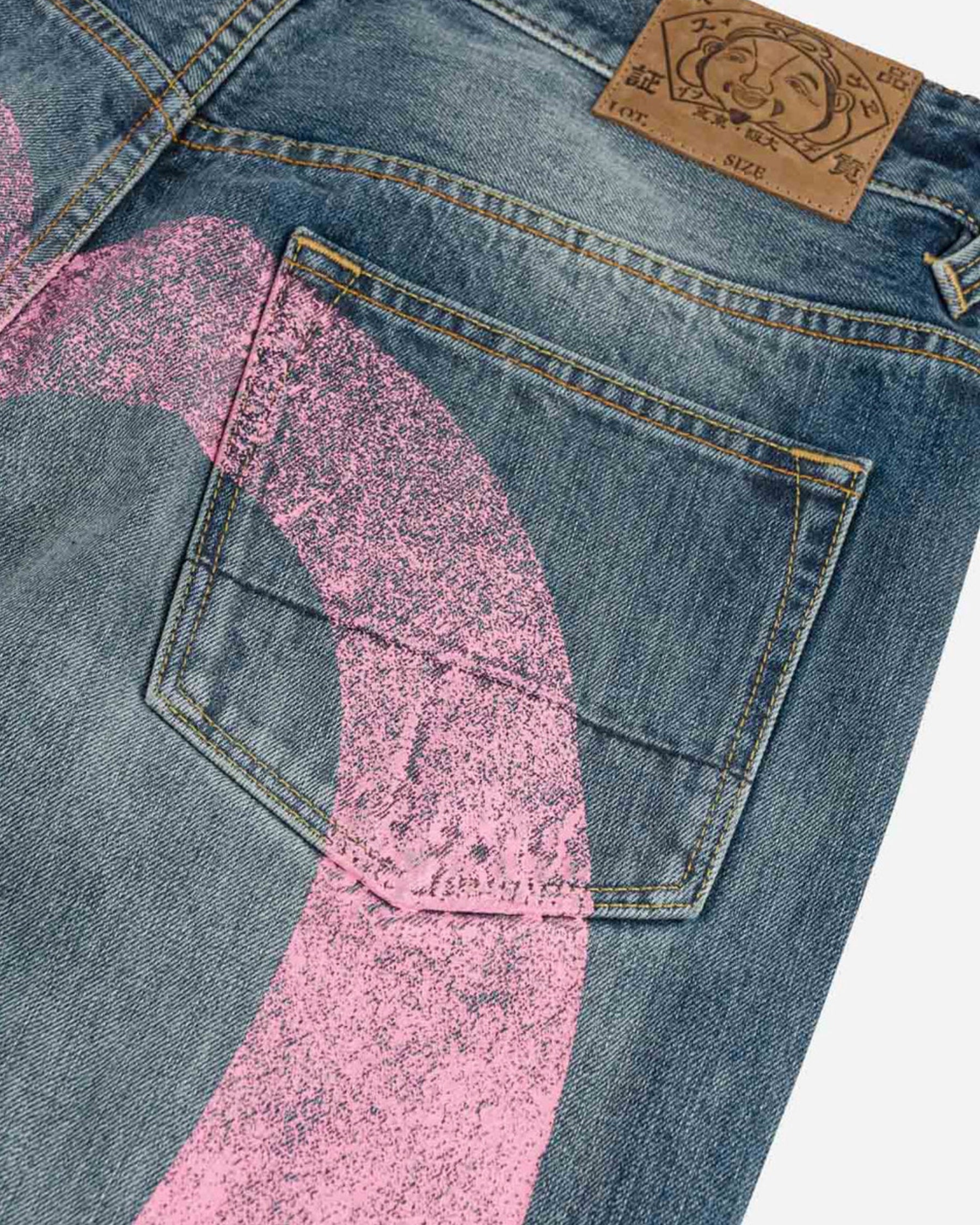 Evisu Men's Jeans Pink Daicock Ripped Jeans Indigo