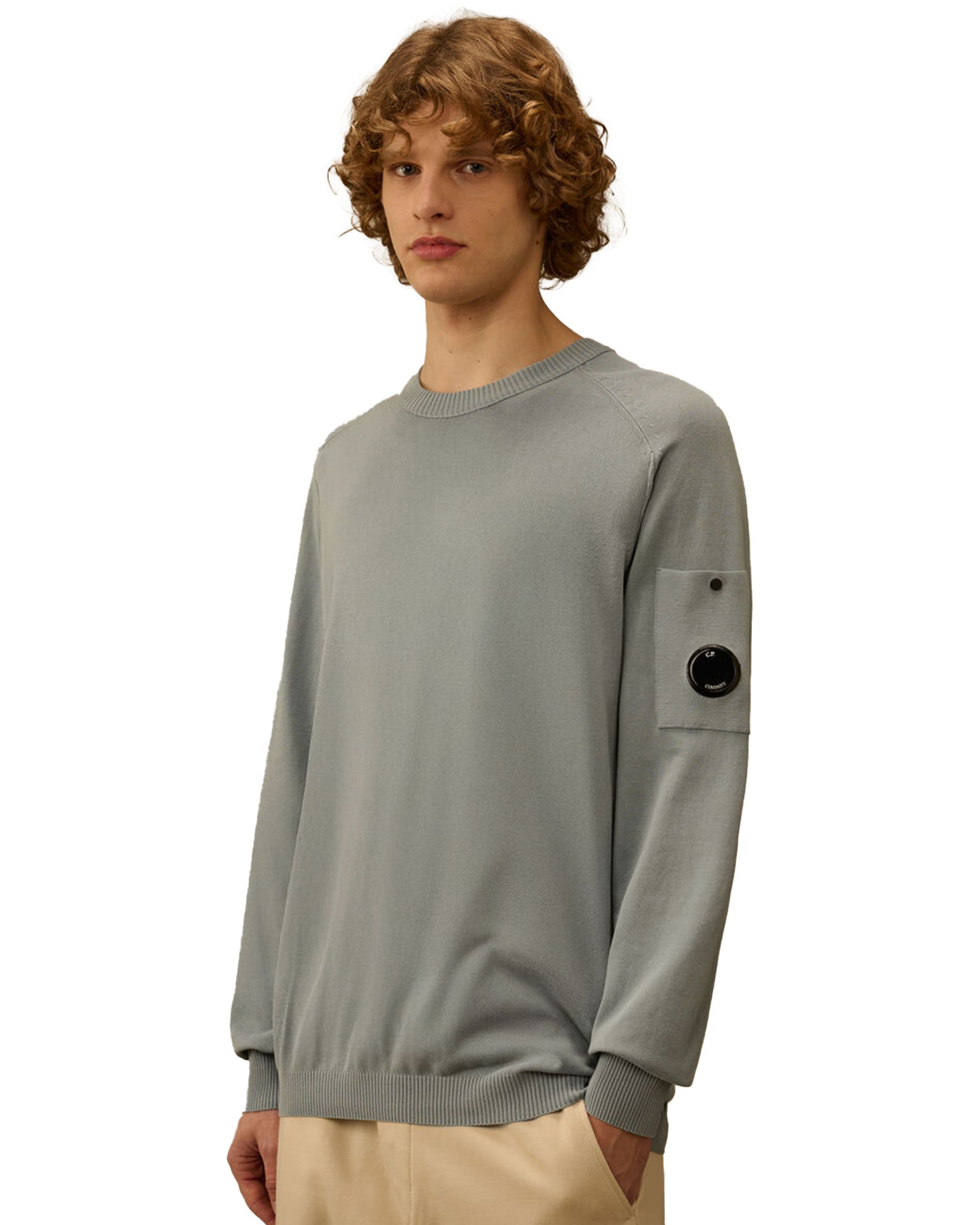 CP Company Cotton Crepe Crewneck Lens Sweater Silver Blue