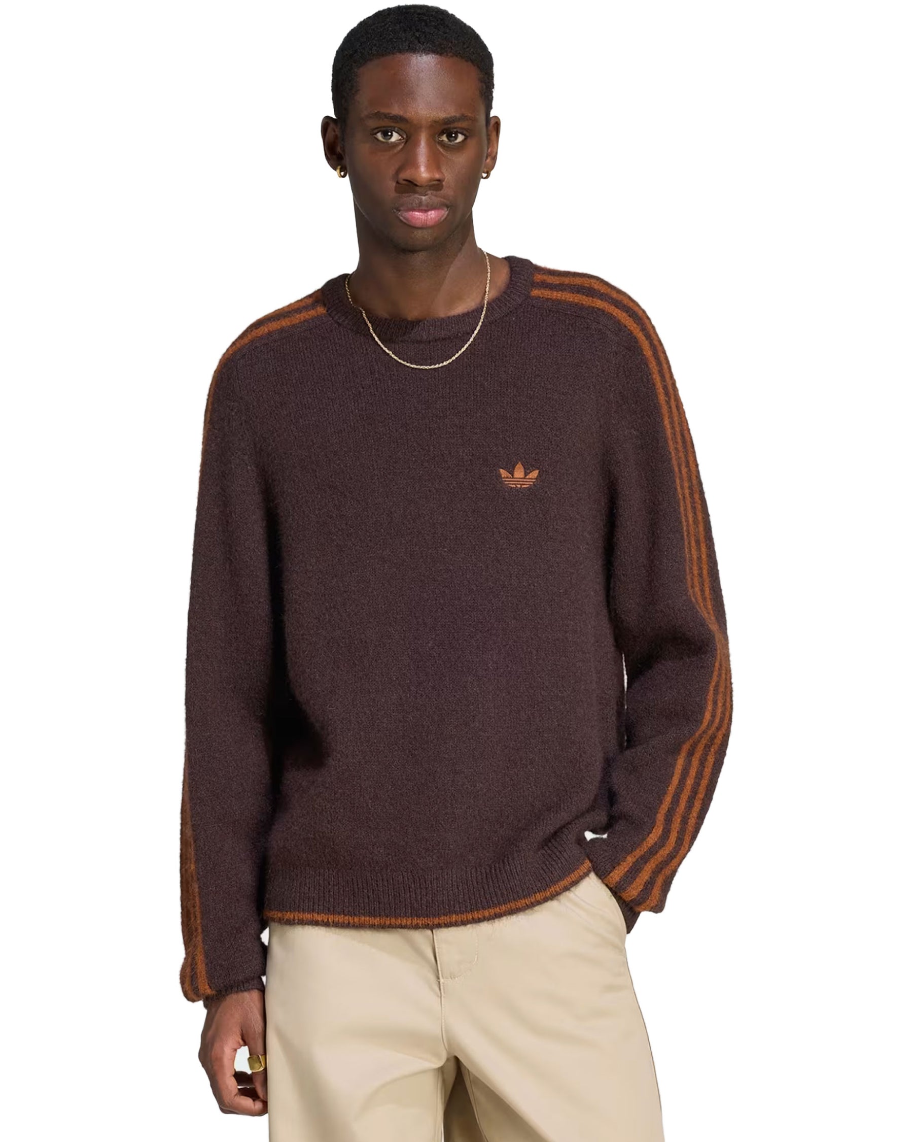 Maglione Uomo Adidas 3-Stripes Fluffy Knit Crew Sweatshirt Marrone