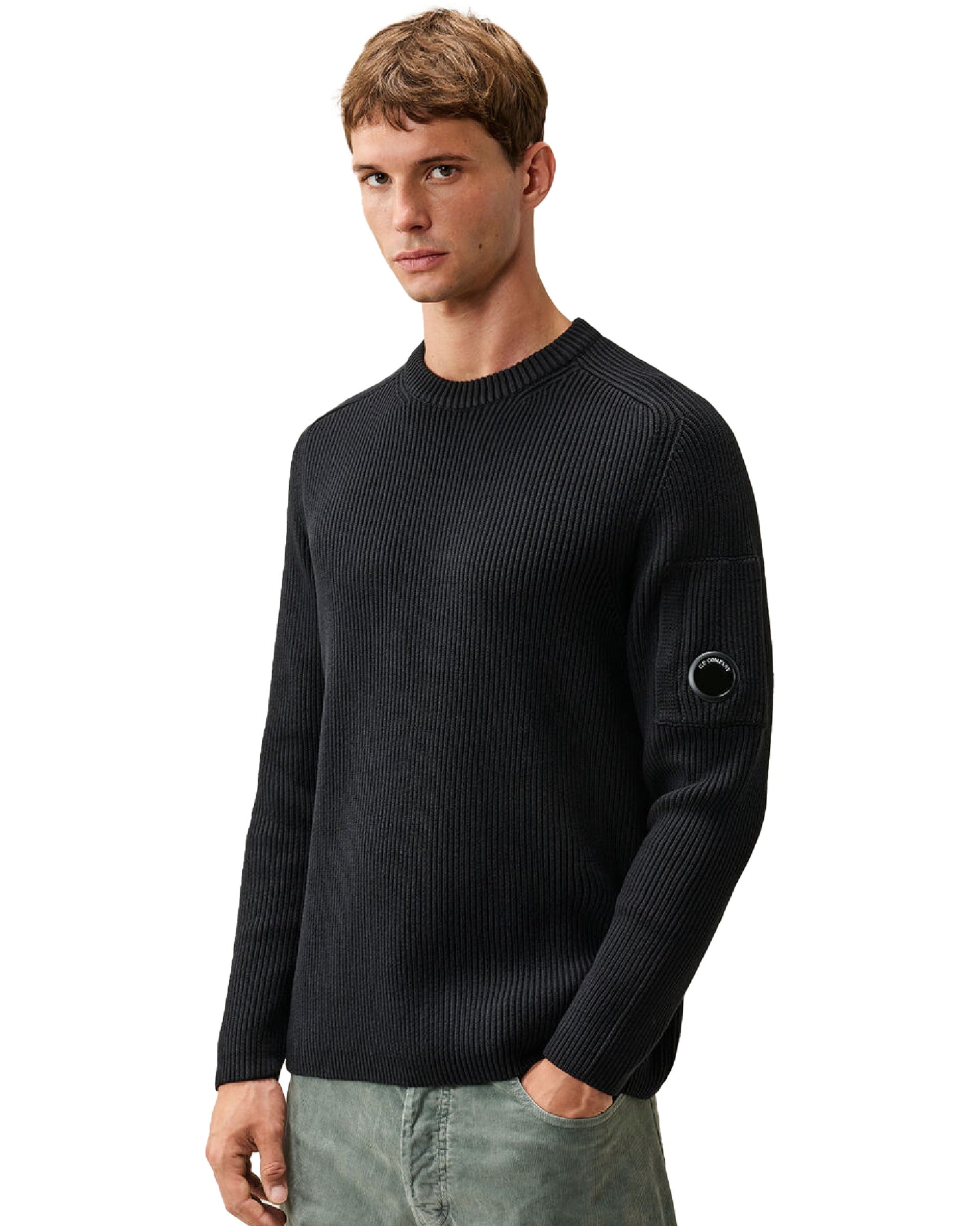 Maglione Uomo CP Company Full Rib Cotton Crewneck Lens Sweater Nero