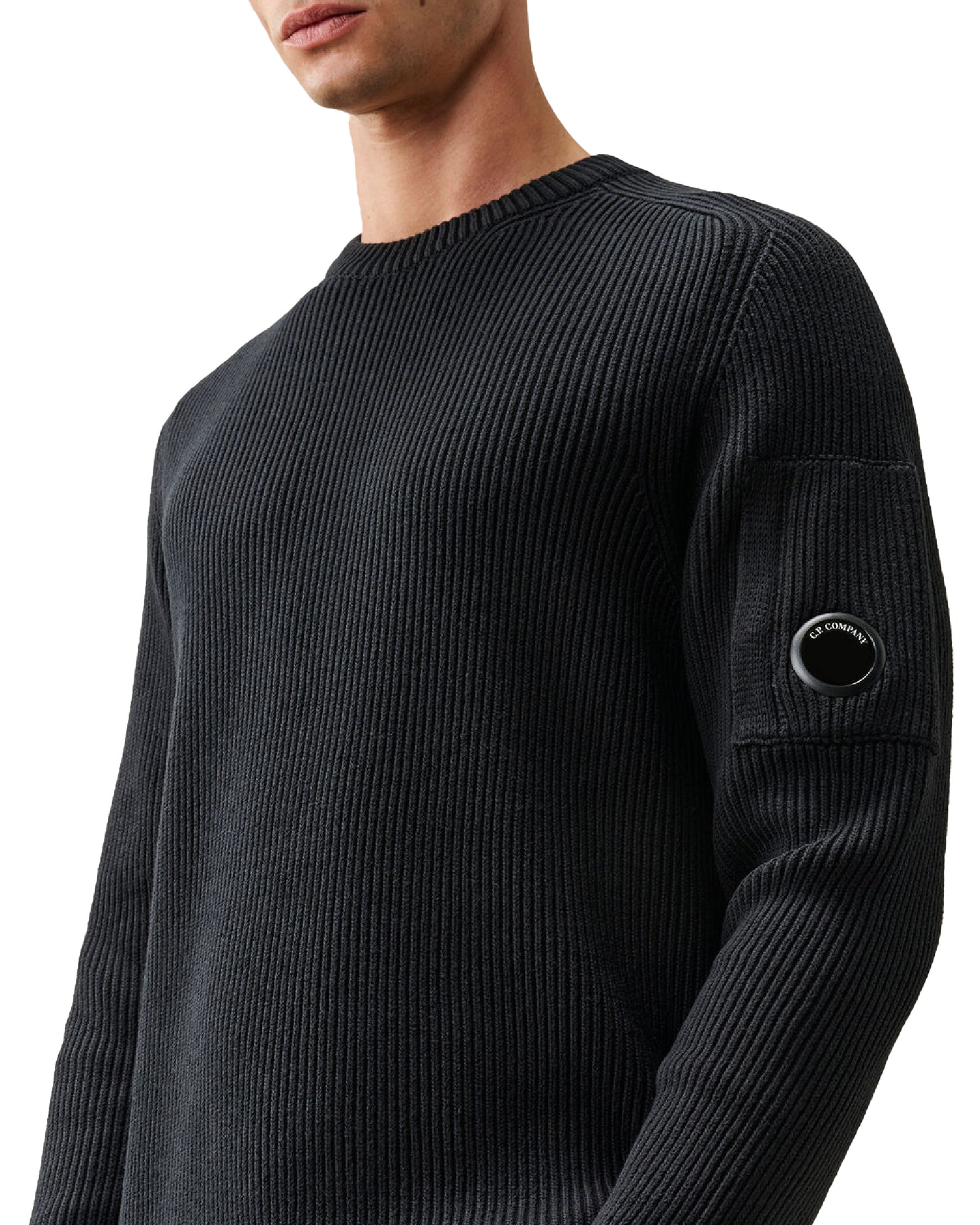 Maglione Uomo CP Company Full Rib Cotton Crewneck Lens Sweater Nero