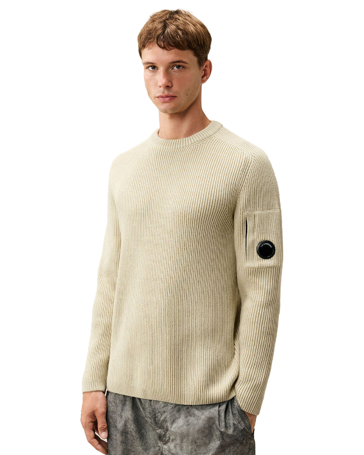 Maglione Uomo CP Company Full Rib Cotton Crewneck Lens Sweater Silver Birch