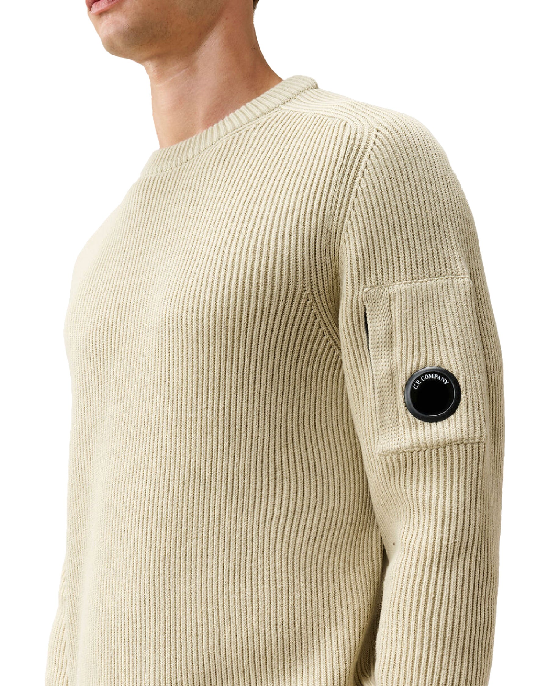 CP Company Men's Sweater Full Rib Cotton Crewneck Lens Sweater Silver Birch