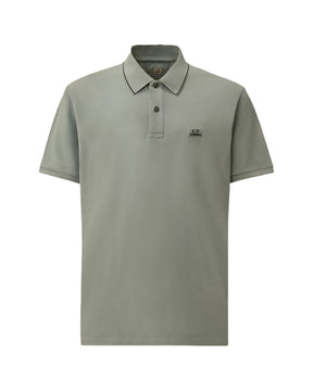 Polo CP Company Stretch Piquet Short Sleeve Logo Silver Blu