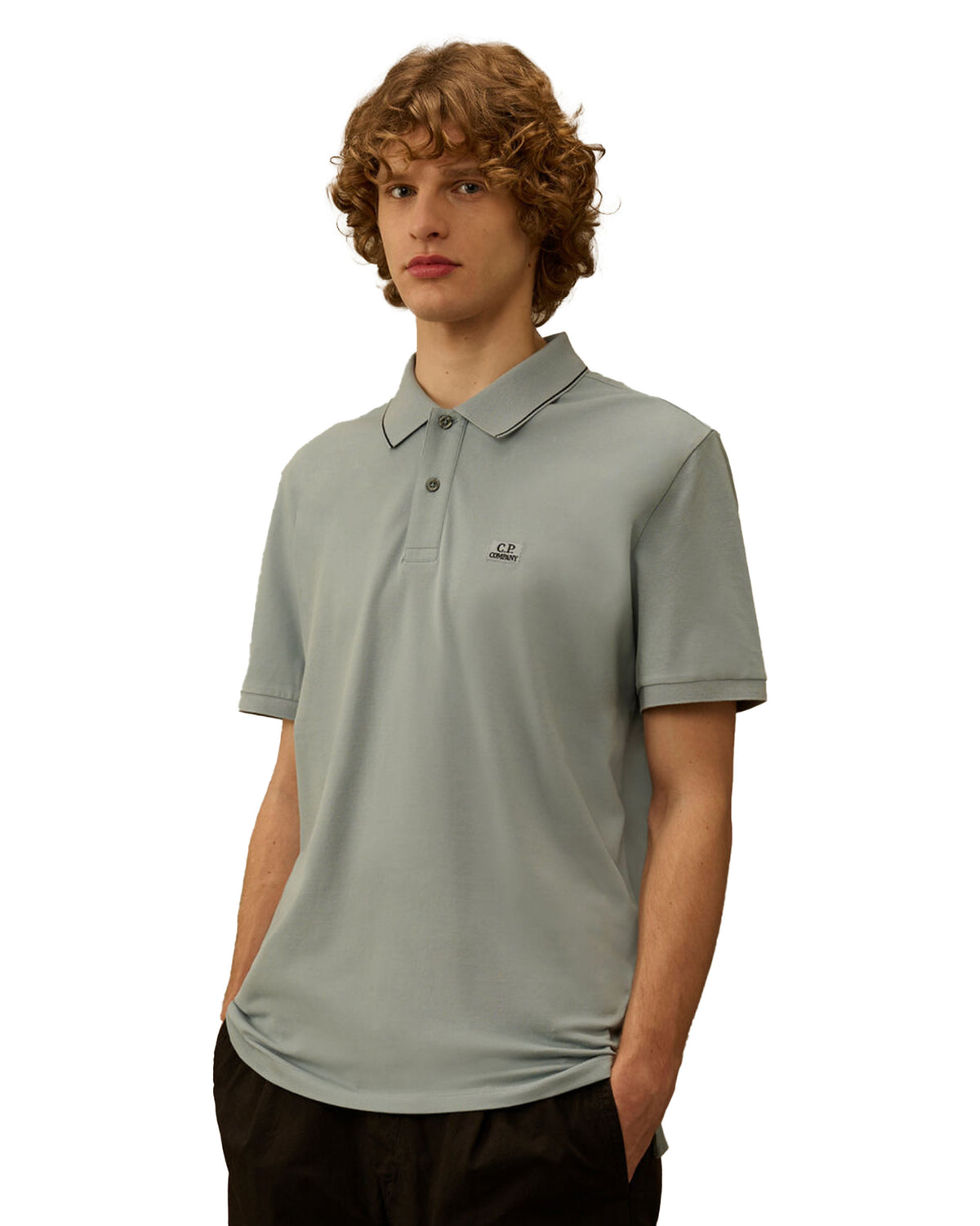 Polo CP Company Stretch Piquet Short Sleeve Logo Silver Blu