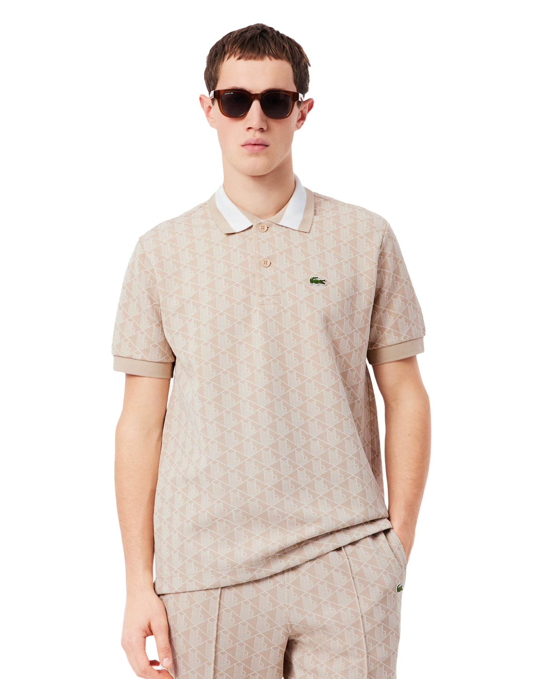 Polo Uomo Lacoste Jacquard Monogramma Beige